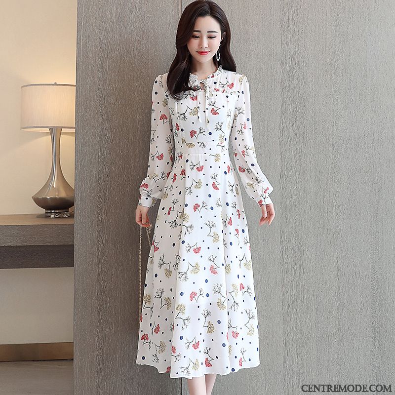 Robes Femme Tempérament Rétro Nervurées Printemps Longue Mousseline De Soie Blanc