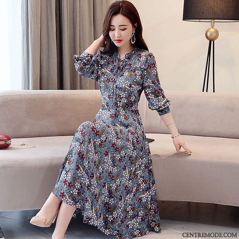 Robes Femme Tempérament Rétro Nervurées Printemps Longue Mousseline De Soie Blanc