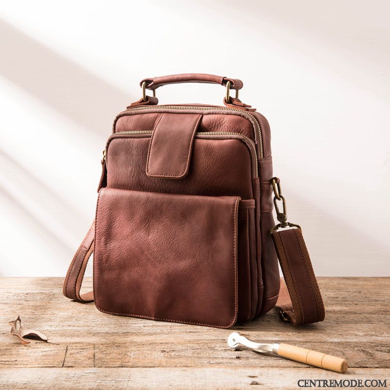 Sac À Bandoulière Homme Cuir Véritable Britanique Rétro Loisir Cuir De Vache Couche De Tête Rouge Marron