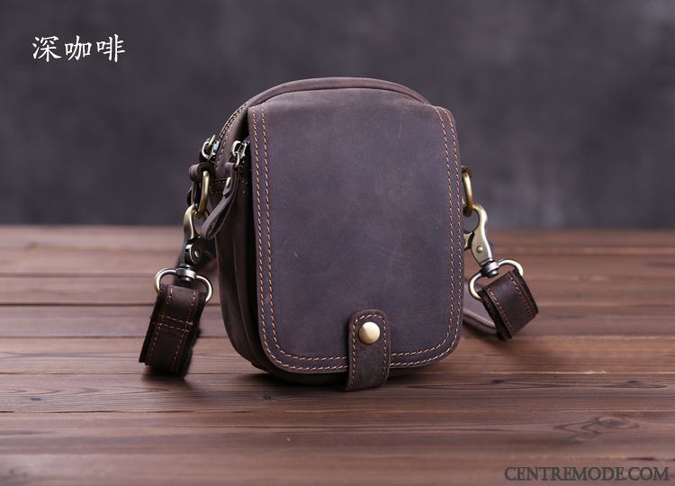 Sac À Bandoulière Homme Cuir Véritable Téléphone Portable Sac À Dos Rétro Petit Mini Brun