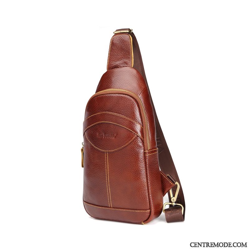 Sac À Bandoulière Homme Sac Poitrine All-match Femme Sac De Messager Cuir Véritable Petit Brun