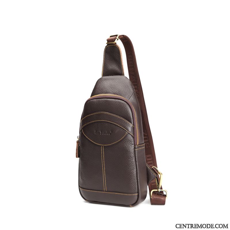 Sac À Bandoulière Homme Sac Poitrine All-match Femme Sac De Messager Cuir Véritable Petit Brun