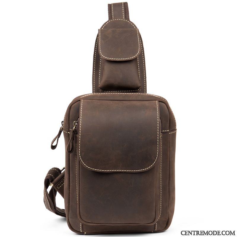 Sac À Bandoulière Homme Sac Poitrine Rétro Cuir Véritable Couche De Tête Sac À Dos Loisir Marron Foncé