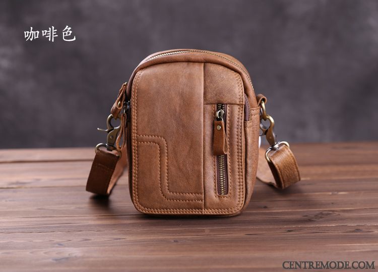 Sac À Bandoulière Homme Section Verticale Rétro Mini Loisir Sacs À Bandoulière Cuir De Vache Marron