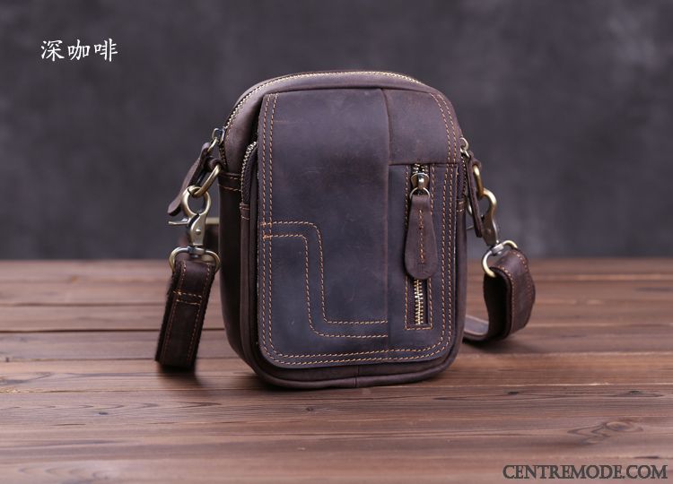 Sac À Bandoulière Homme Section Verticale Rétro Mini Loisir Sacs À Bandoulière Cuir De Vache Marron