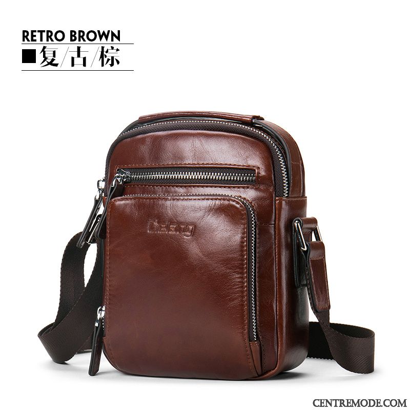 Sac À Bandoulière Homme Tendance Couche De Tête Cuir Véritable Rétro Petit Mini Marron