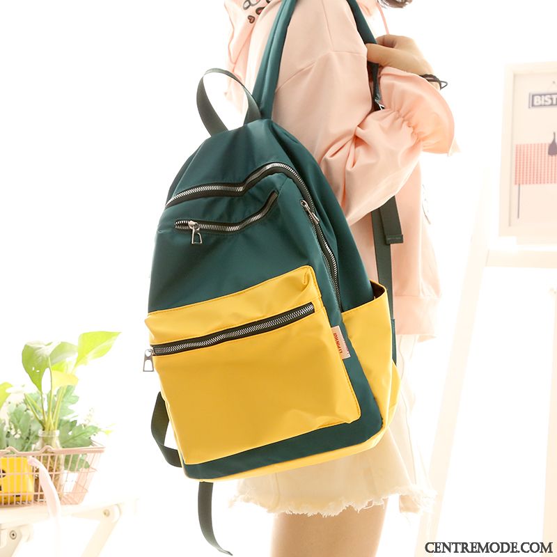 Sac À Dos Femme Cartable Gros Le Nouveau Mode Étudiant Oxford Textile Couleur De Contraste Vert Jaune