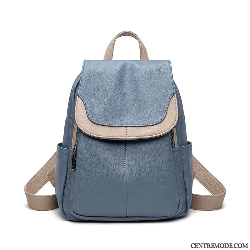 Sac À Dos Femme Le Nouveau All-match Voyage Peau Douce Cuir Véritable Cuir De Vache Couleur De Contraste Bleu