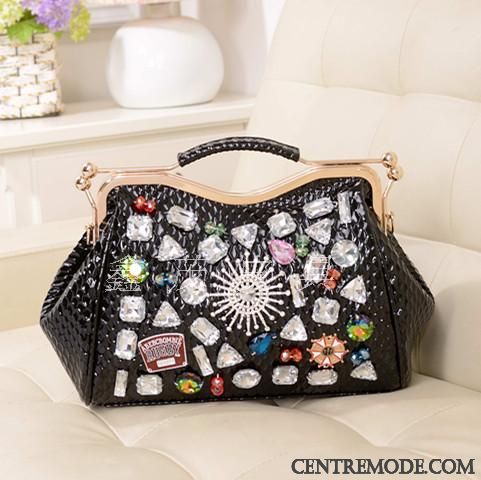 Sac À Main Femme Couleur Chaîne Le Nouveau Cuir Verni Tendance Pierres De Strass Noir