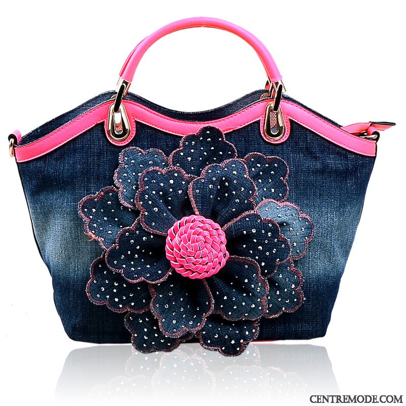 Sac À Main Femme Le Nouveau Denim Toile Portable Diamant Mode Rose Rouge