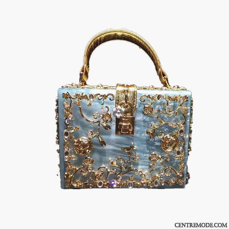 Sac À Main Femme Rétro Boîte Sculpté Creux Grand Diamant Bleu