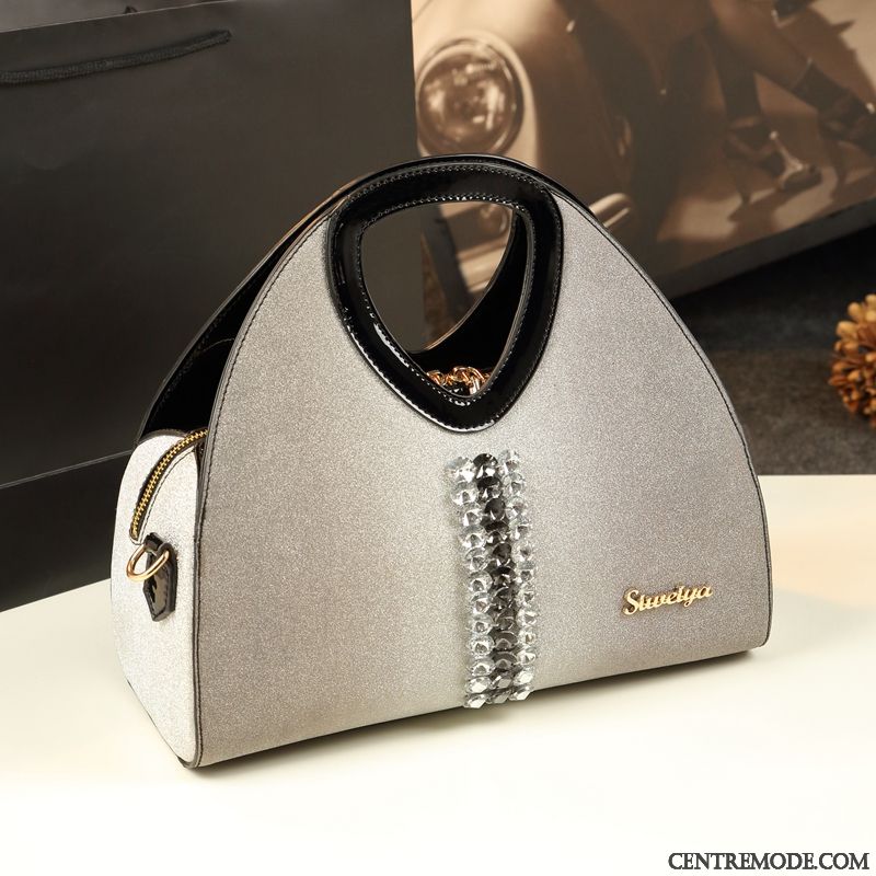 Sac À Main Femme Tendance Cuir Véritable All-match Mode Diamant Printemps Gris