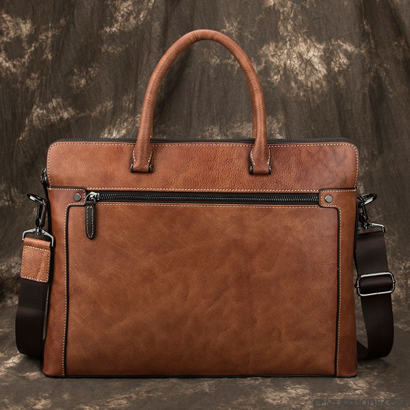 Sac À Main Homme Sac D'ordinateur Portable Cuir Mallette Rétro Sacs À Bandoulière Simple Marron