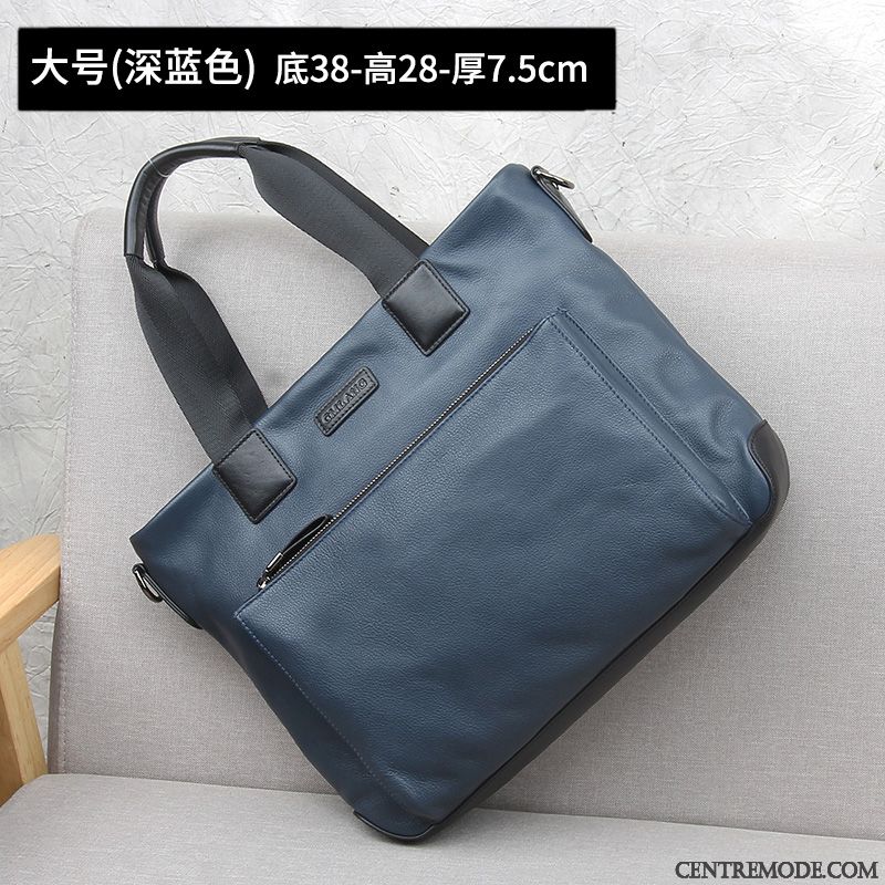 Sac À Main Homme Sacs À Bandoulière Mode Couche De Tête Sac De Messager Cuir Véritable Grand Bleu Marin