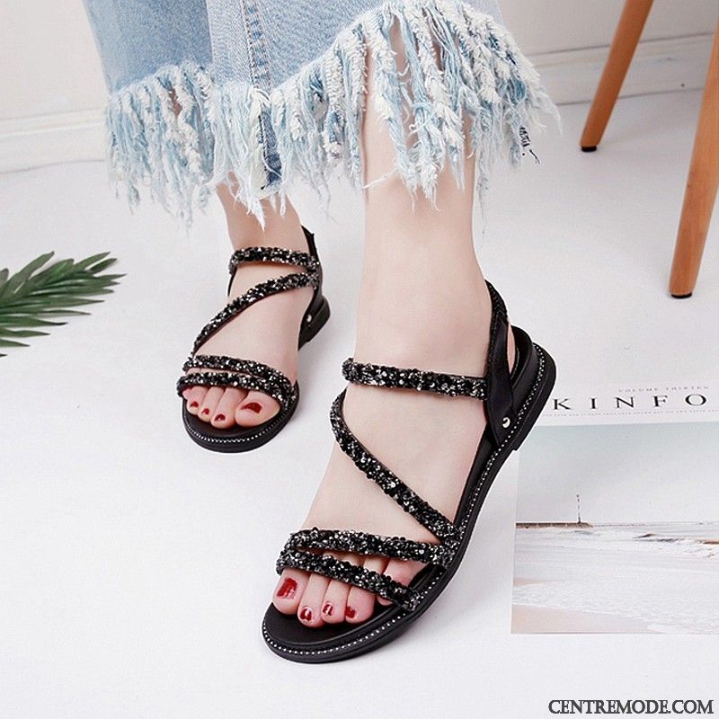 Sandales Femme Imitation Strass Mode Tous Les Assortis Été Semelle Épaisse Étudiant Argent