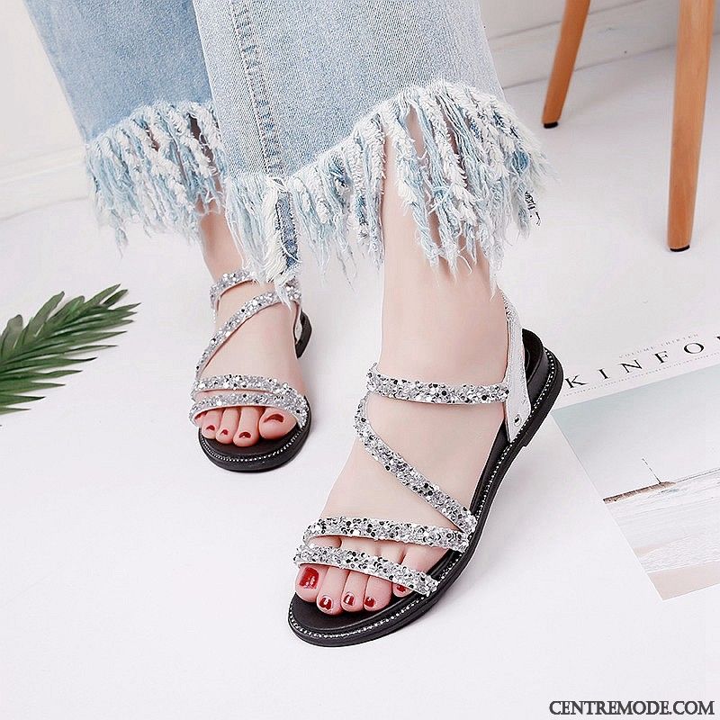 Sandales Femme Imitation Strass Mode Tous Les Assortis Été Semelle Épaisse Étudiant Argent