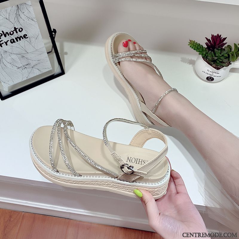 Sandales Femme Longue Imitation Strass Doux Été Plateforme Ouverture Du Pied
