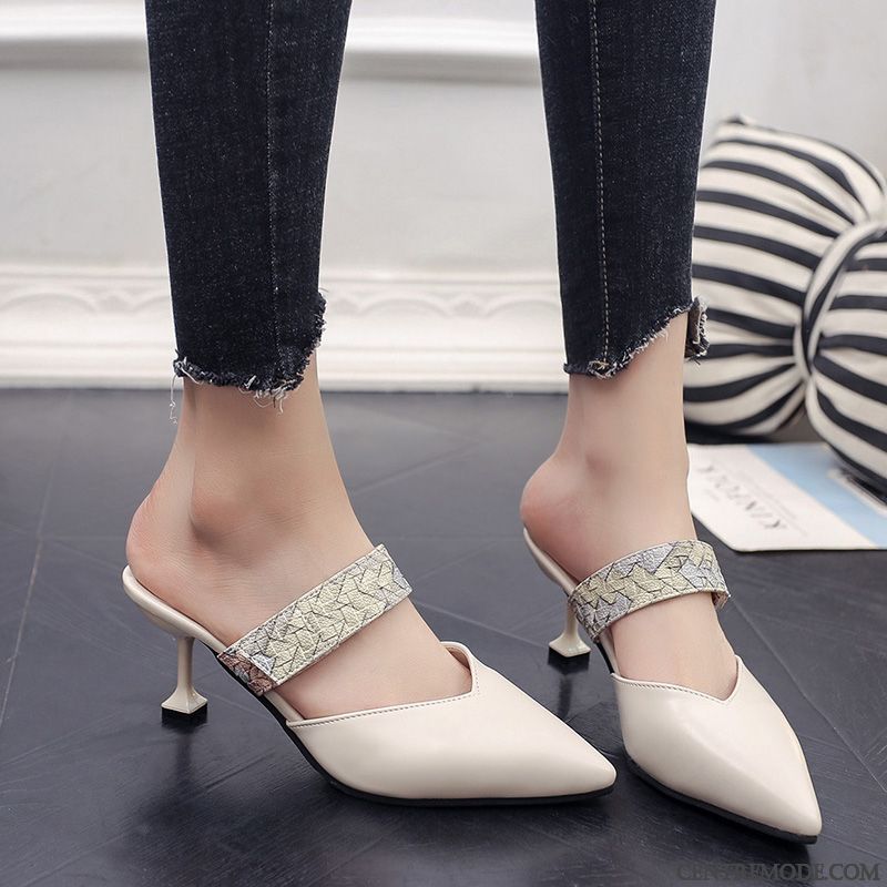 Sandales Femme Minces Tongs Chaussons Été Escarpins Pointe Pointue Rivet Couleurs De Bonbons Blanc