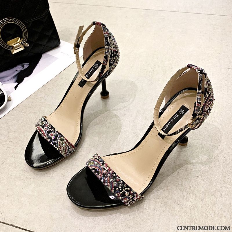 Sandales Femme Ouverture Du Pied Tous Les Assortis Tendance Imitation Strass Escarpins Mesh Noir Rouge
