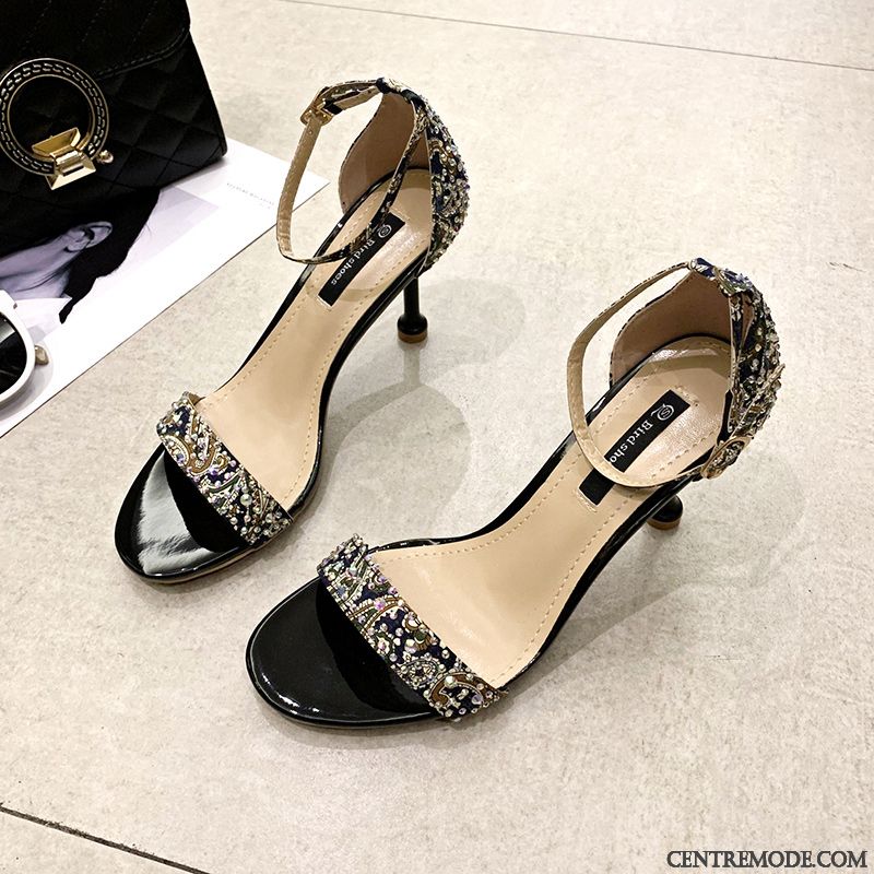 Sandales Femme Ouverture Du Pied Tous Les Assortis Tendance Imitation Strass Escarpins Mesh Noir Rouge