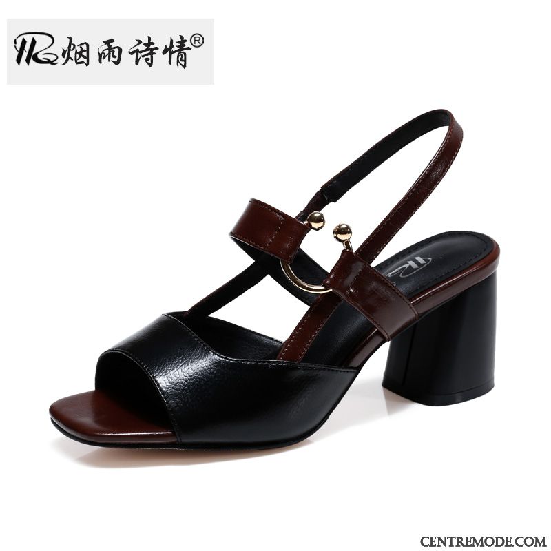 Sandales Femme Peep-orteil Épais Talon Moyen Cuir Europe Été Noir