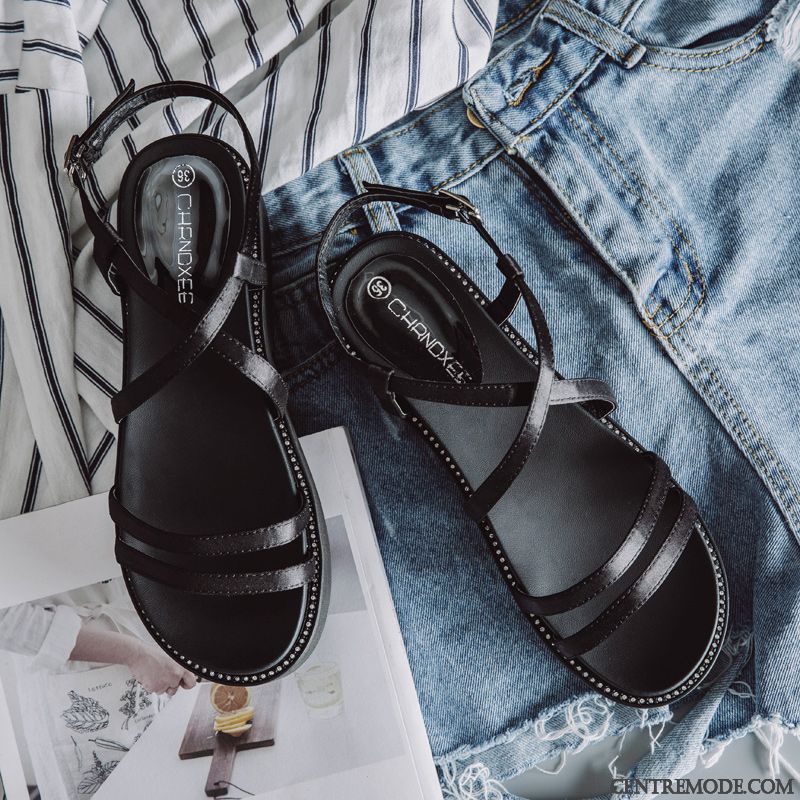 Sandales Femme Soie Rome Tous Les Assortis Semelle Épaisse Chaussures À Plateformes Sexy Noir