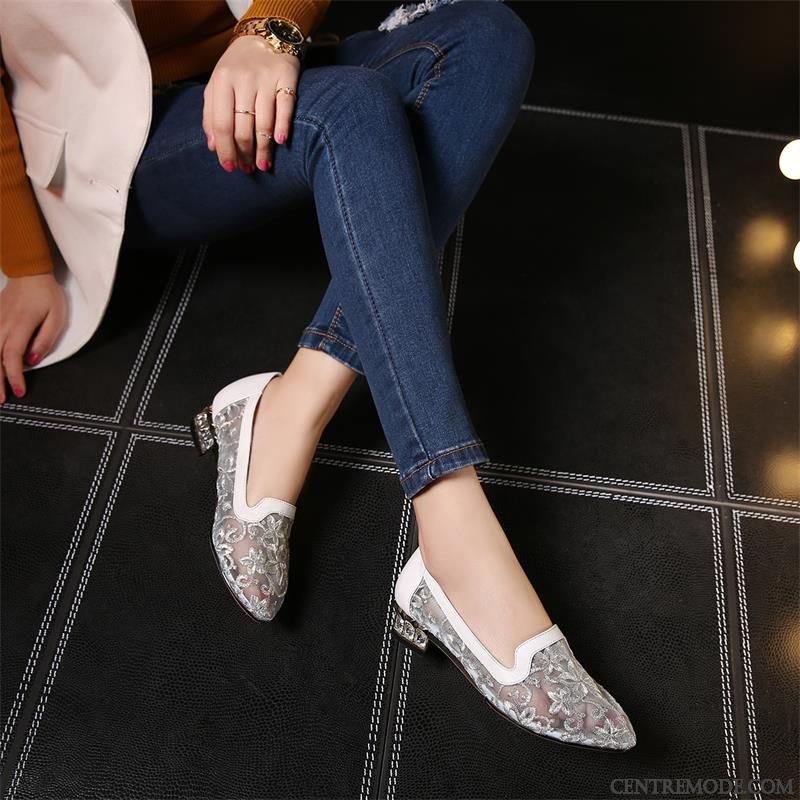 Sandales Femme Été Cuir Véritable Creux Guipure Plates Grande Taille Dentelle Bleu