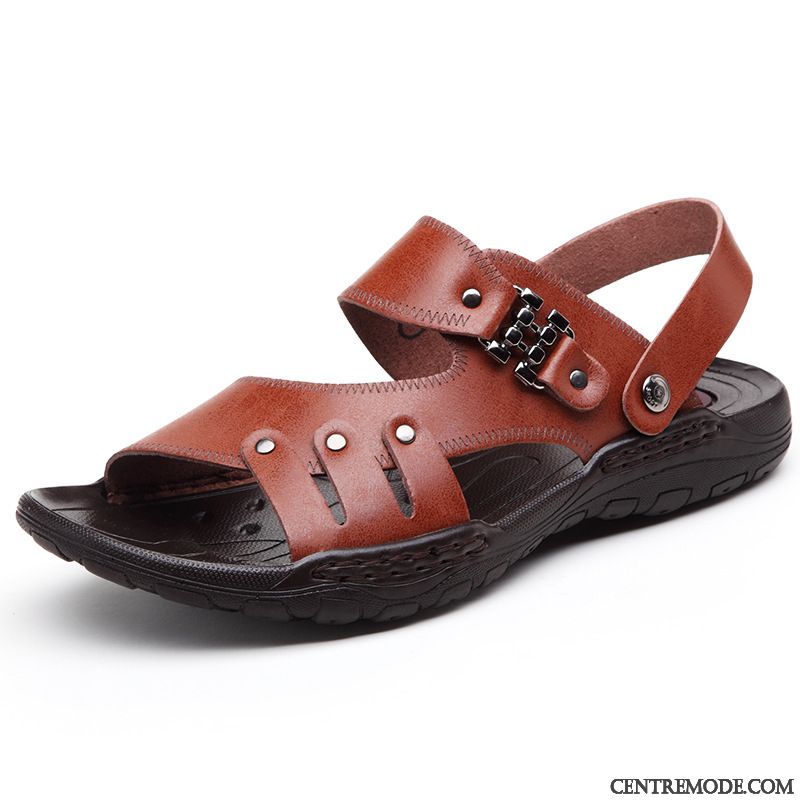 Sandales Homme Imperméable Plage Tendance Conduite Cuir Véritable Bleu