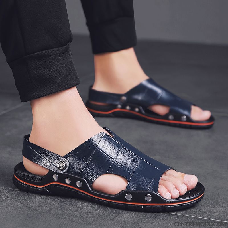 Sandales Homme Lumière Tongs Chaussons Tendance Ouverture Du Pied Semelle Doux Cuir Véritable Noir