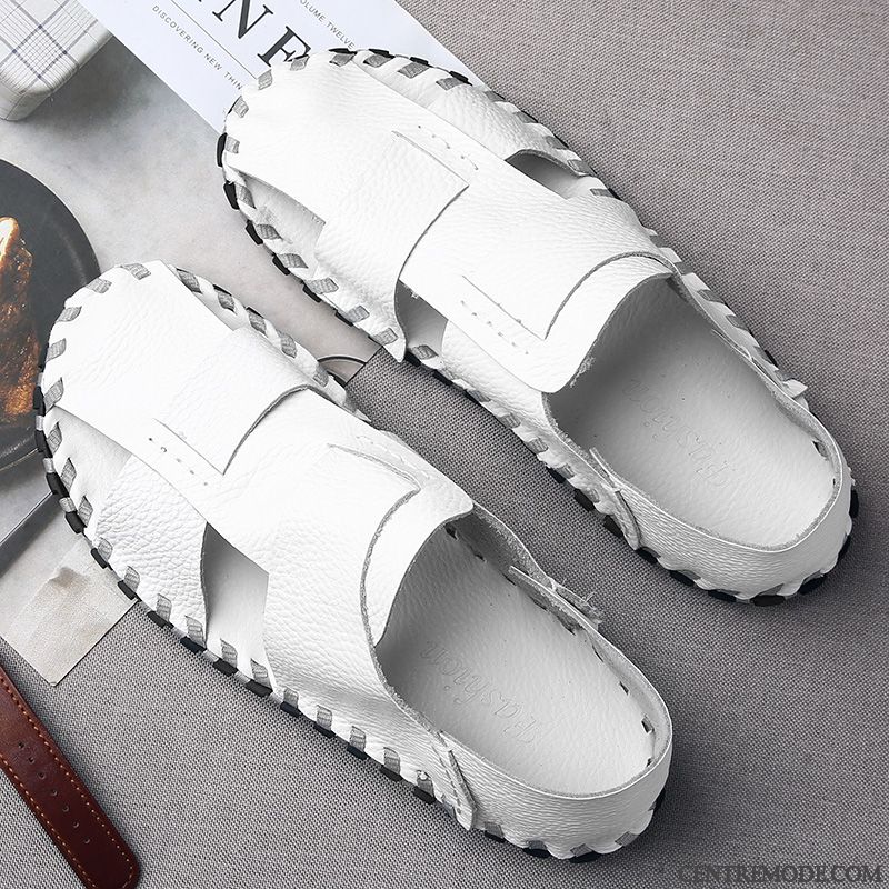 Sandales Homme Été Cuir Véritable Tendance Semelle Doux Décontractée Plage Noir