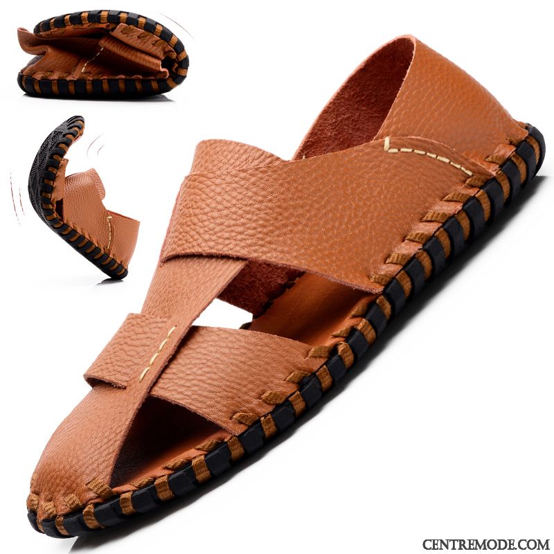 Sandales Homme Été Cuir Véritable Tendance Semelle Doux Décontractée Plage Noir