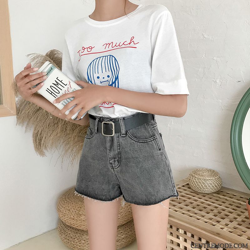 Shorts Femme Baggy Denim Étudiant Haute Cintrée Été Bord Bleu Gris