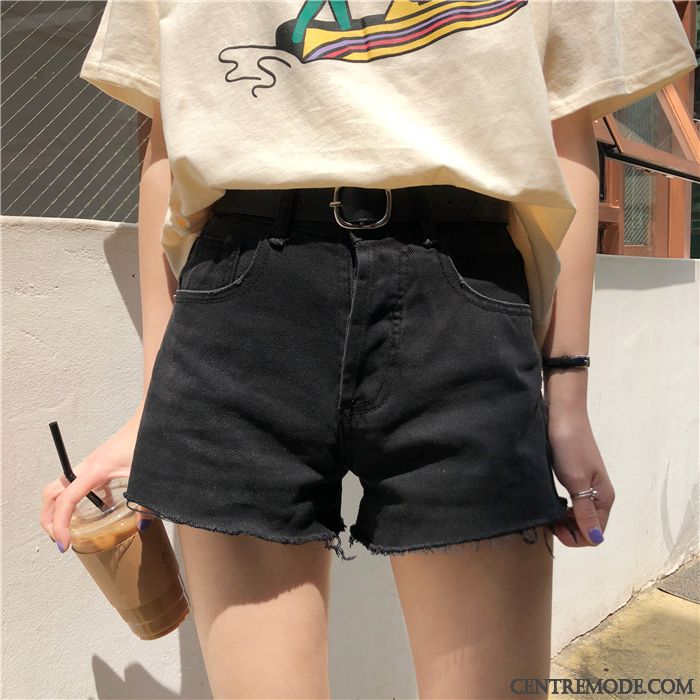 Shorts Femme Baggy Denim Étudiant Haute Cintrée Été Bord Bleu Gris