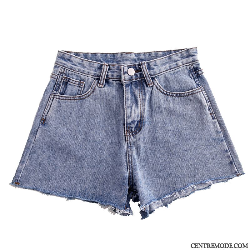 Shorts Femme Baggy Denim Étudiant Haute Cintrée Été Bord Bleu Gris