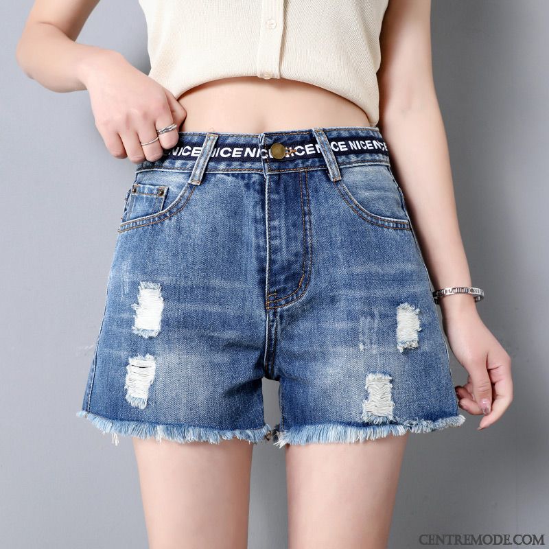 Shorts Femme Baggy Été Des Trous Haute Cintrée Outwear Mince Bleu Clair