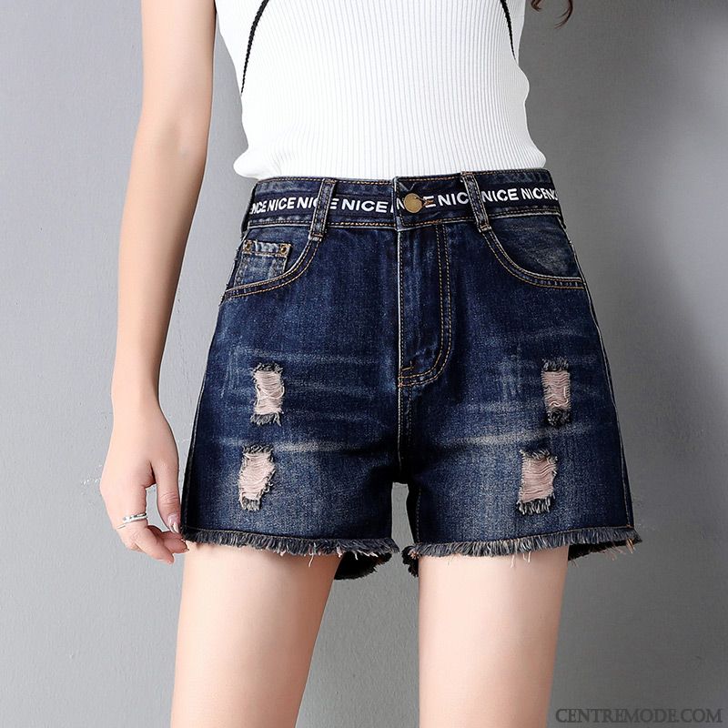 Shorts Femme Baggy Été Des Trous Haute Cintrée Outwear Mince Bleu Clair