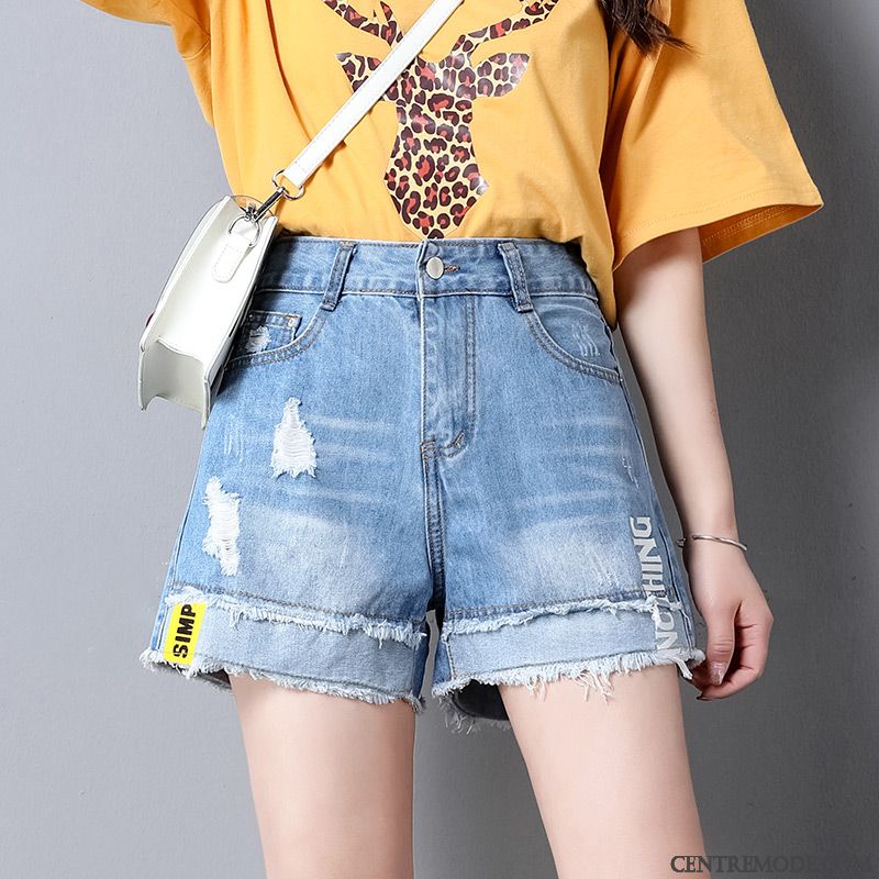 Shorts Femme Denim Baggy Été Mince Haute Cintrée Troués Bleu Clair