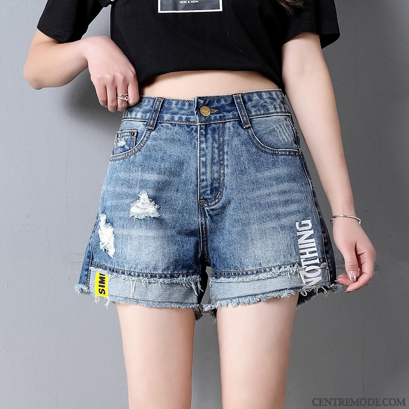 Shorts Femme Denim Baggy Été Mince Haute Cintrée Troués Bleu Clair