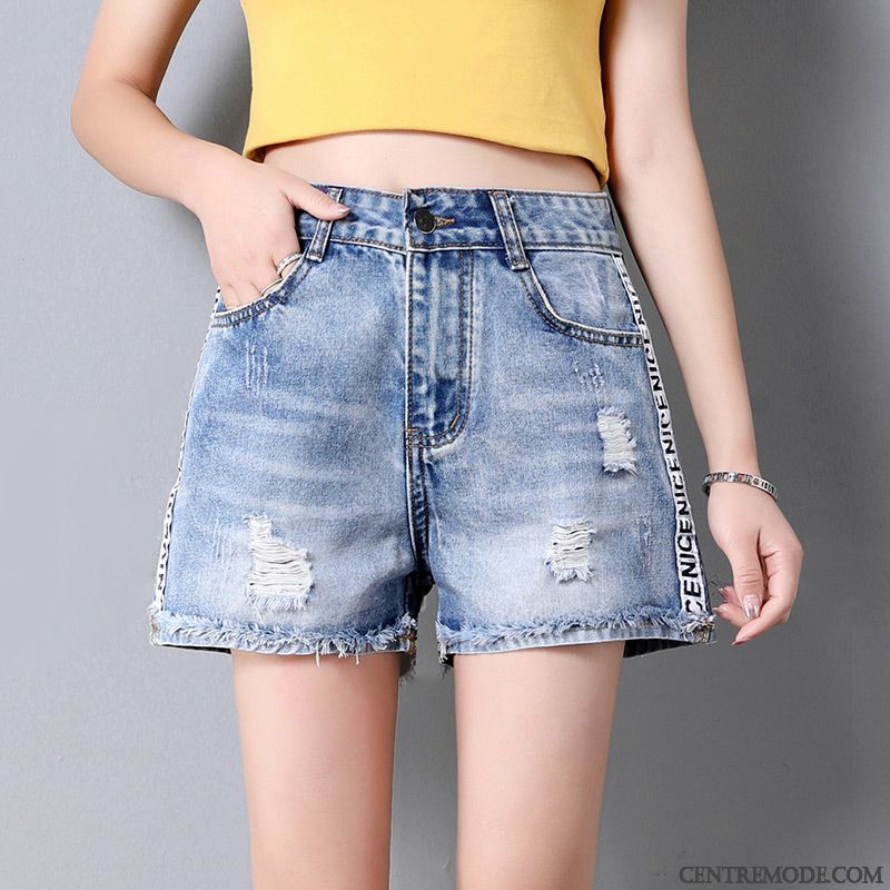Shorts Femme Denim Haute Cintrée A Lettre Mince Pantalon Chaud Baggy Bleu Marin
