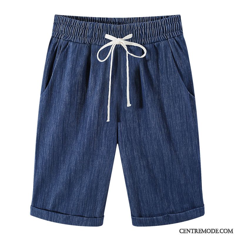 Shorts Femme Extensible Haute Cintrée Été Graisse Coton Bio Baggy Bleu Marin