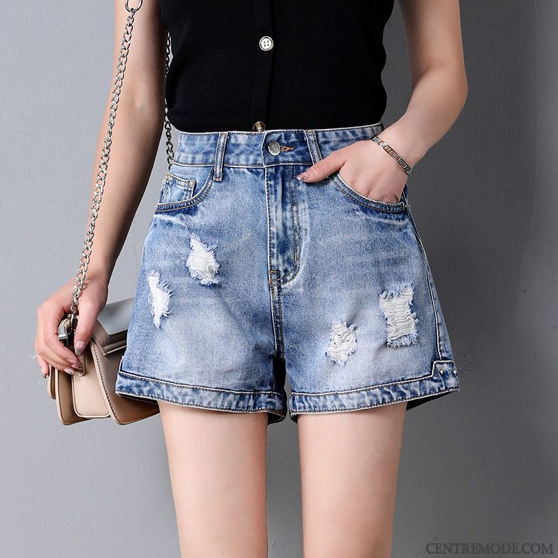 Shorts Femme Mince Haute Cintrée Été Tendance Pantalon Chaud Baggy Bleu Foncé