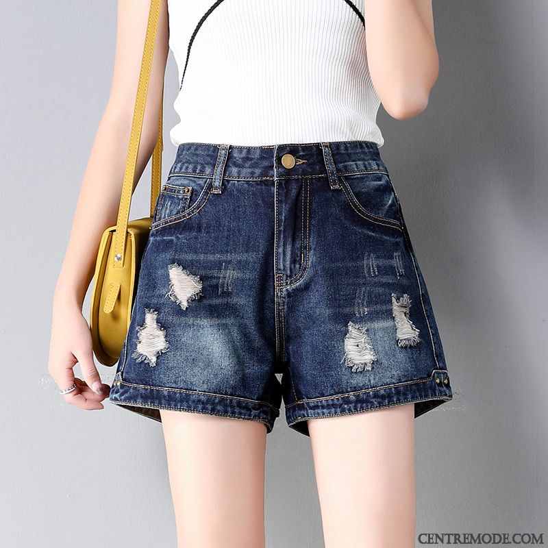 Shorts Femme Mince Haute Cintrée Été Tendance Pantalon Chaud Baggy Bleu Foncé