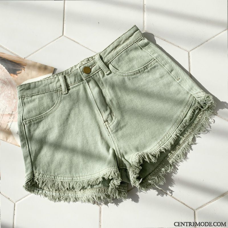 Shorts Femme Mince Printemps Haute Cintrée Denim A Lettre Rétro Blanc Vert