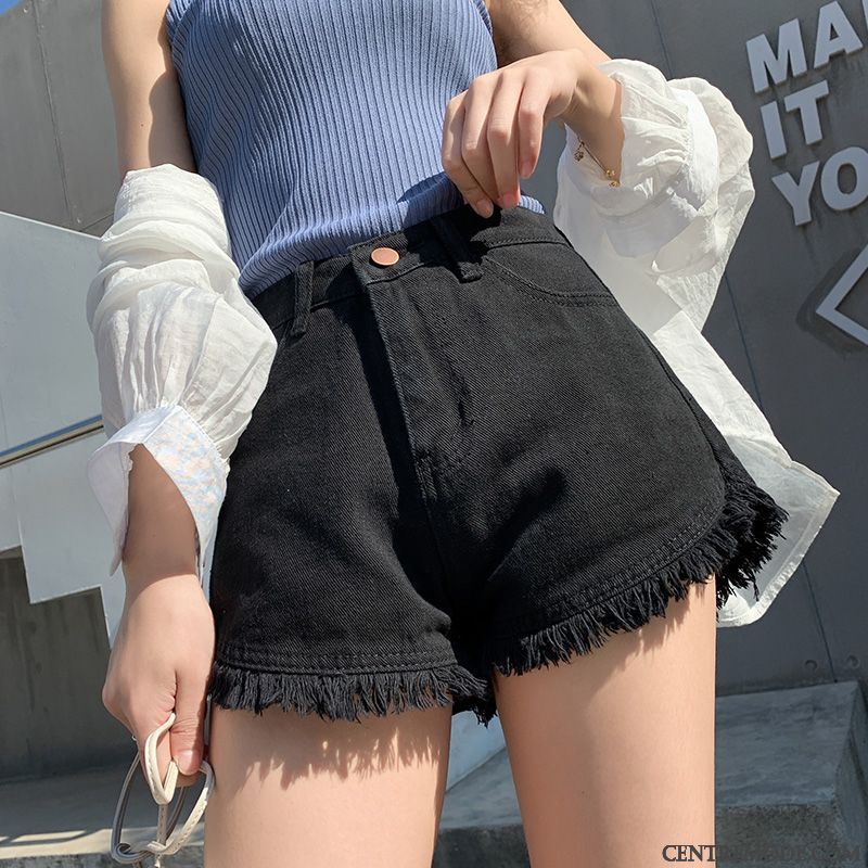 Shorts Femme Mince Printemps Haute Cintrée Denim A Lettre Rétro Blanc Vert