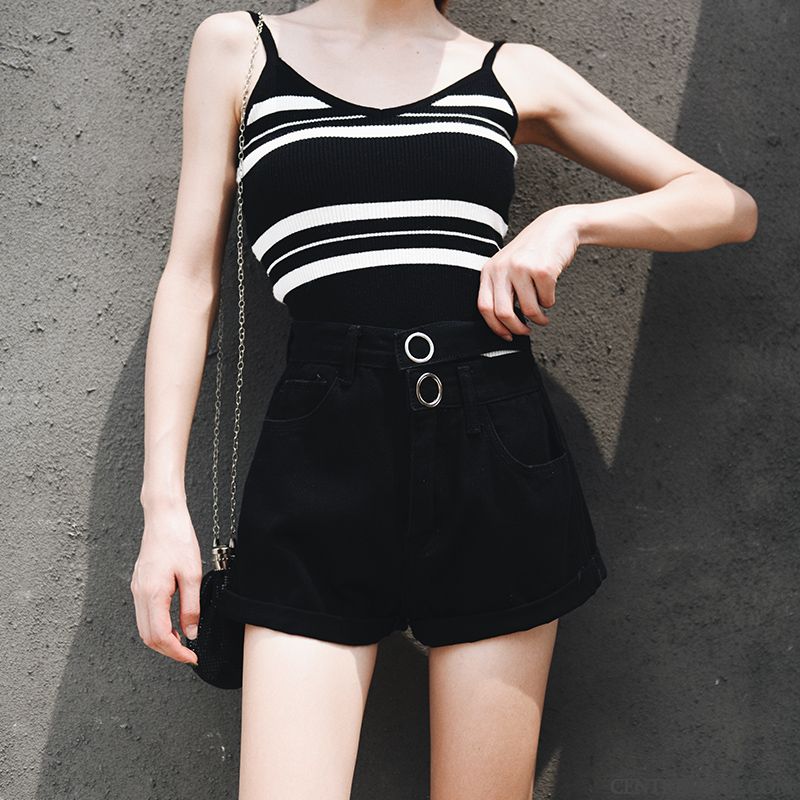 Shorts Femme Pantalon Chaud Haute Cintrée Tendance Denim A Lettre Outwear Bleu