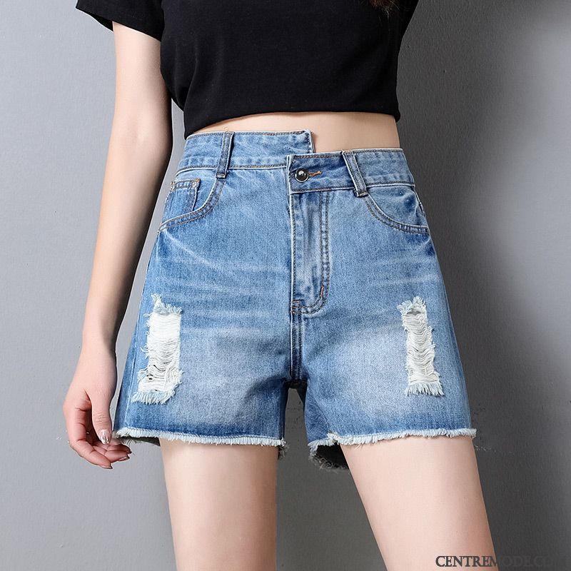 Shorts Femme Tendance Baggy Pantalon Chaud Mince Des Trous Haute Cintrée Bleu Marin