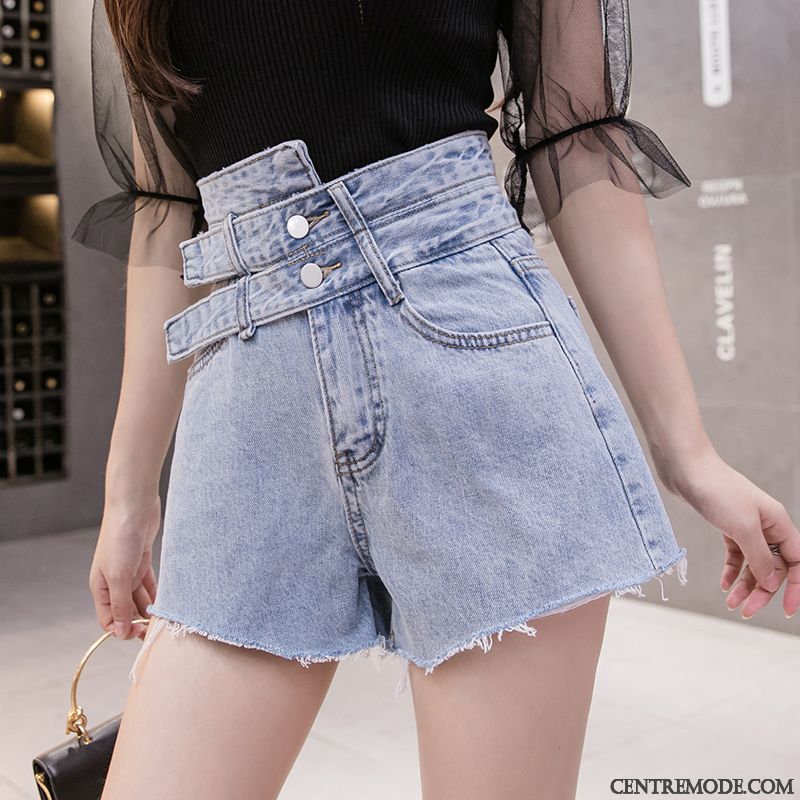 Shorts Femme Tendance Été Mode Pantalon Chaud Haute Cintrée Mince Bleu