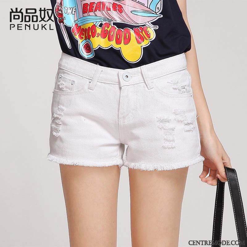 Shorts Femme Été Denim Étudiant Troués Baggy Bord Blanc Rose