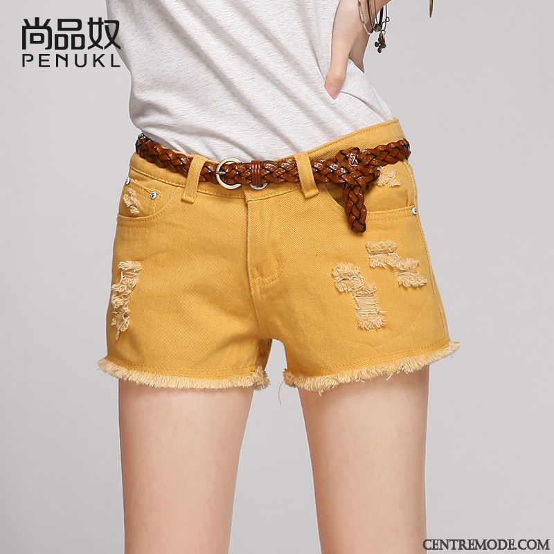 Shorts Femme Été Denim Étudiant Troués Baggy Bord Blanc Rose