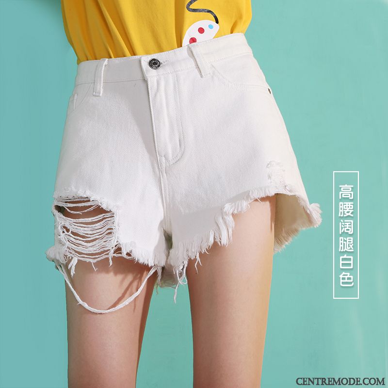 Shorts Femme Été Denim Étudiant Troués Baggy Bord Blanc Rose